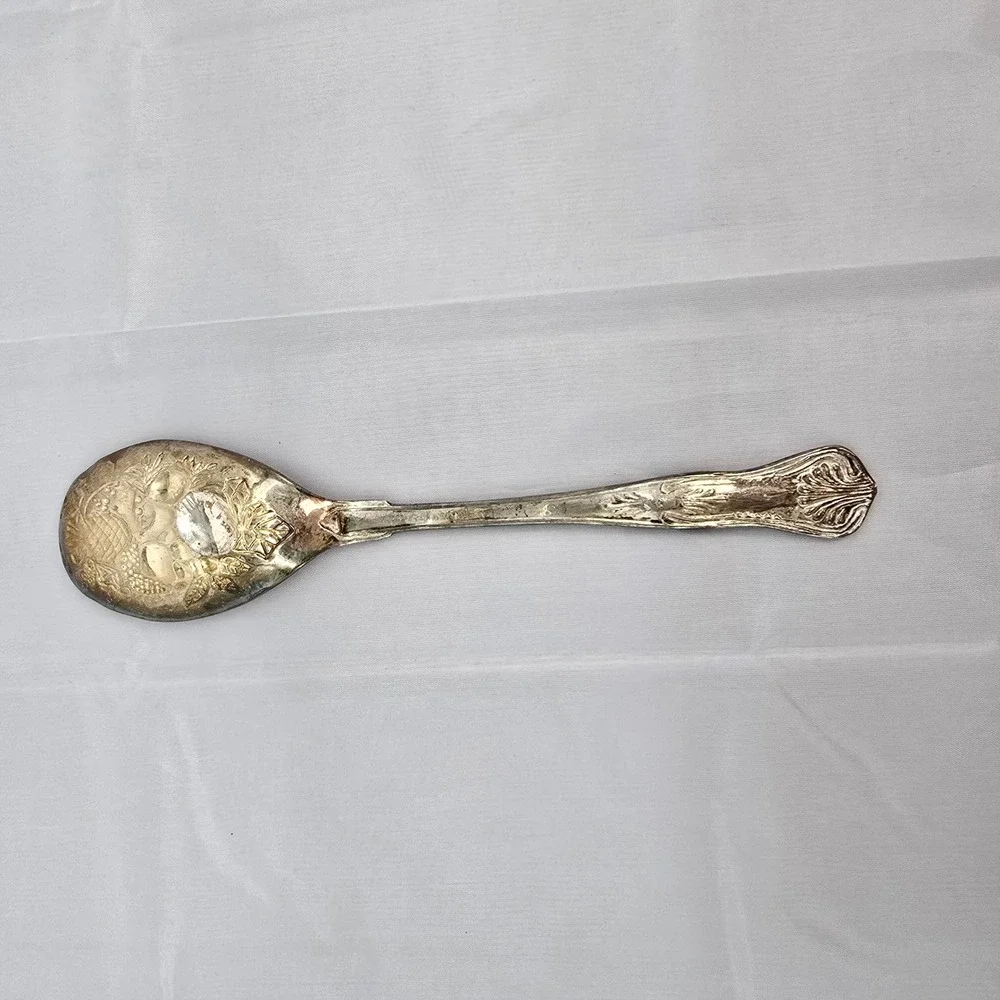 Vintage Silver Plate Fruit Basket Embossed Serving Spoon Shell Handle 8.5 Inch